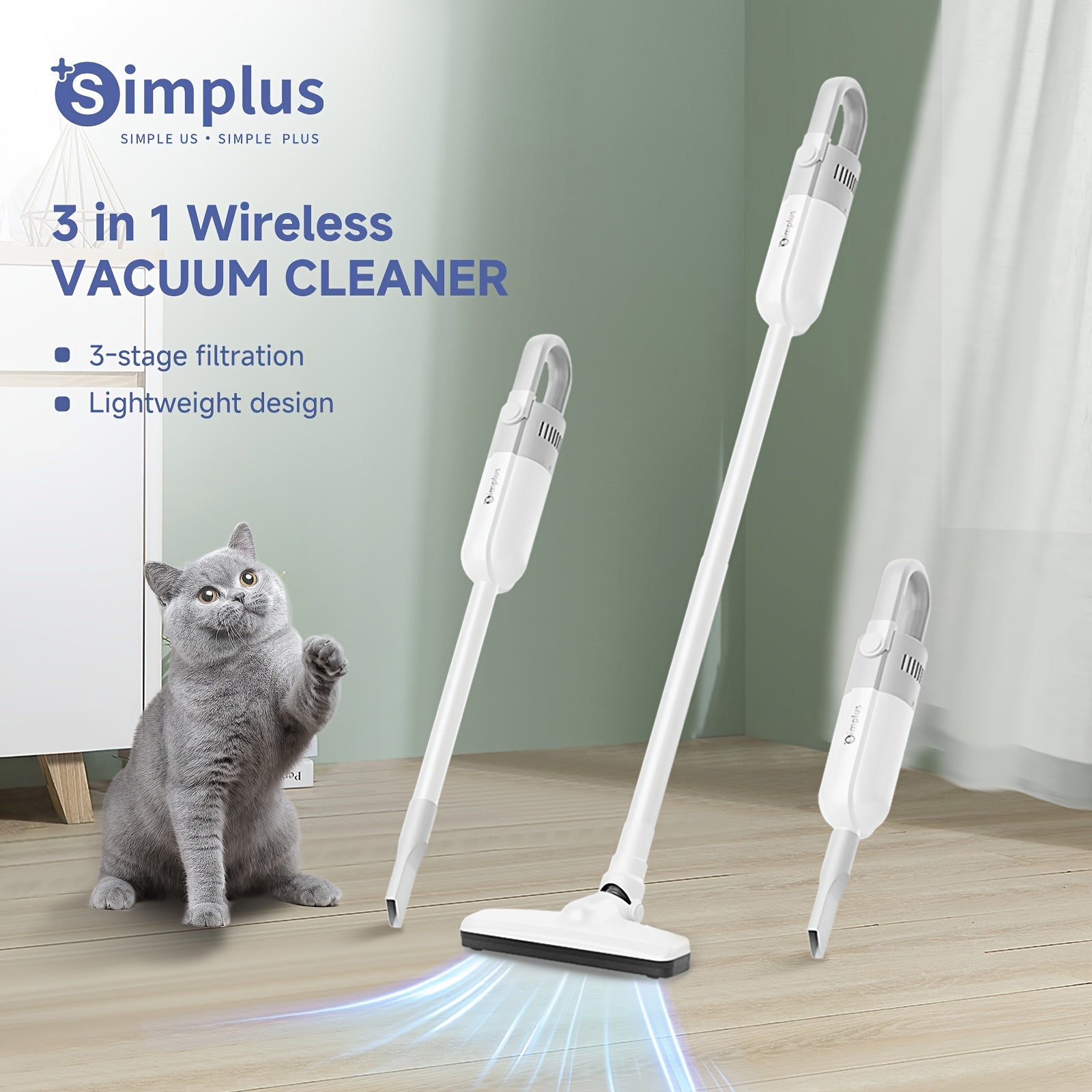 Simplus Cordless Vacuum Cleaner, Car Vacuum, Wireless Home Vacuum, Lightweight Portable, Long Battery Life, 2 Modes, Type-C Rechargeable, 3-Layer High-Efficiency Filtration, Low Noise, Anti-Hair Wrap