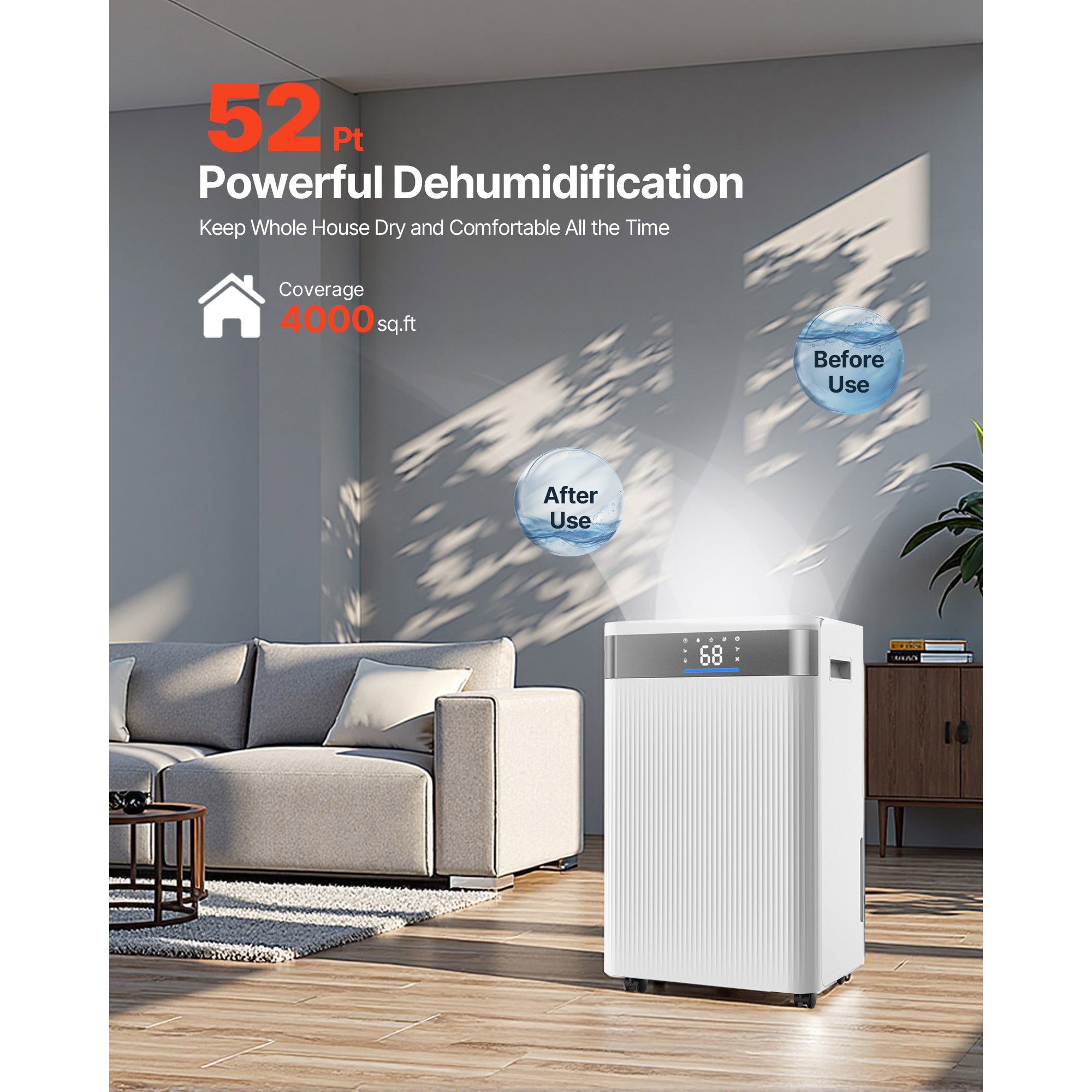 VEVOR 52 Pints Dehumidifier for Home and Basement Smart Humidity Low Noise for Room