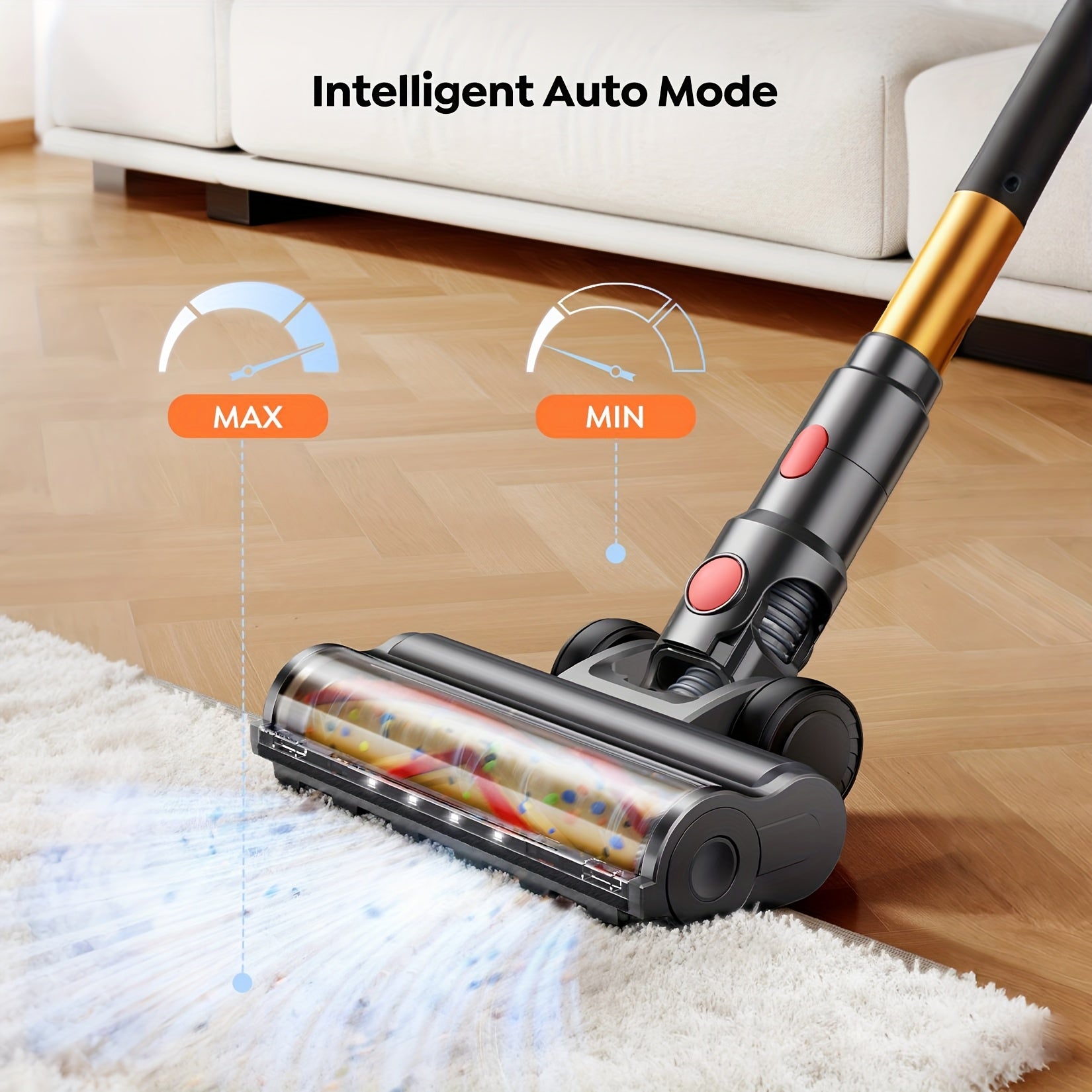 BUTURE VC90 Cordless Stick Vacuum Cleaner with Touch Screen & Hurricane Mode, Upgraded 46KPA Powerful Suction, Self-Standing Cordless Vacuum Suitable for Home, Pet Hair, Carpets, Anti-Tangle System, 50.72oz Dust Cup, Low Sweeper for Plug