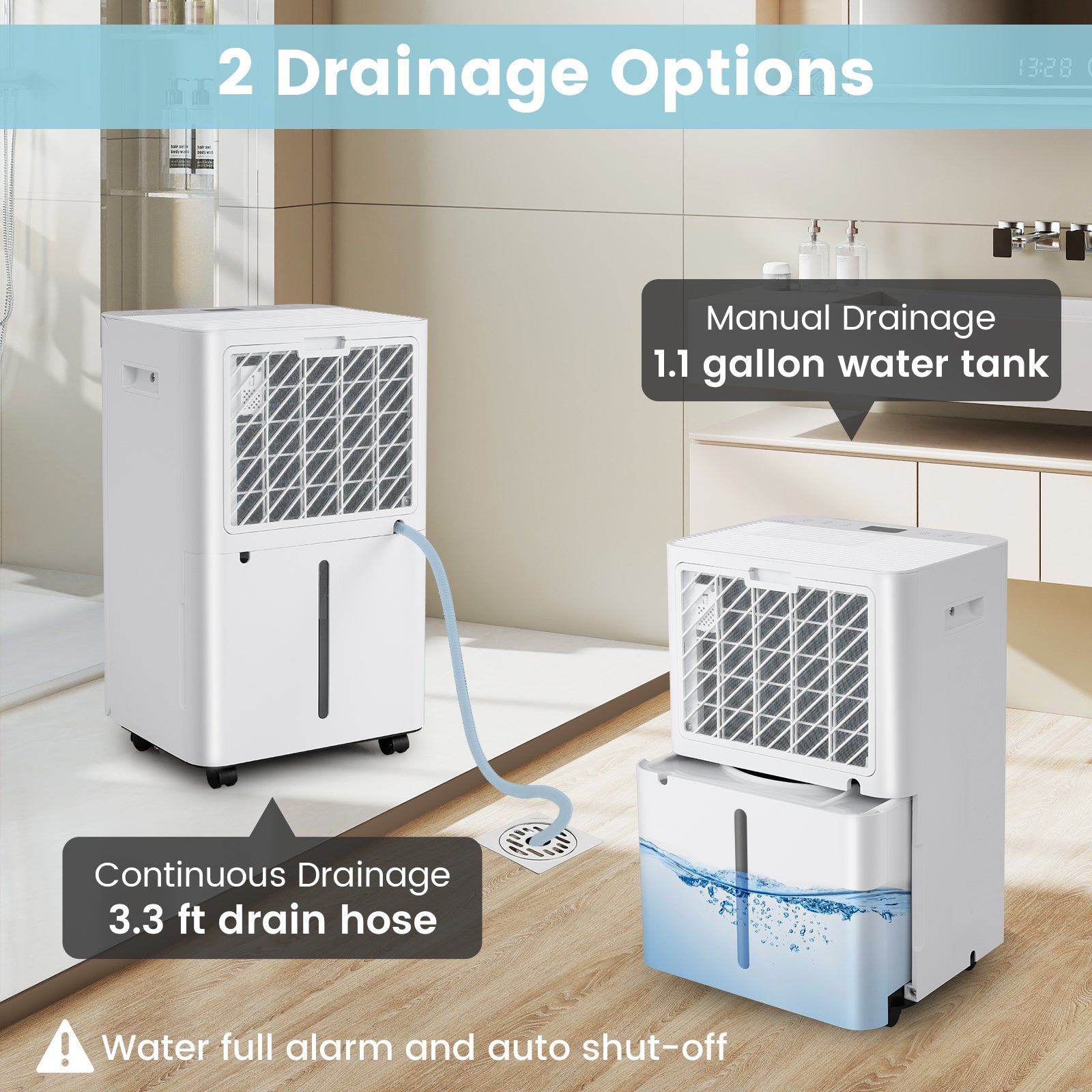 COSTWAY 4500 Sq.Ft Dehumidifier for Home, 54 Pints Dehumidifier for Bathroom Bedroom Basement w\u002FDrain Hose, 3 Modes, light Display, 3-Color Indicator Light, 24H Timer, Auto Defrost.