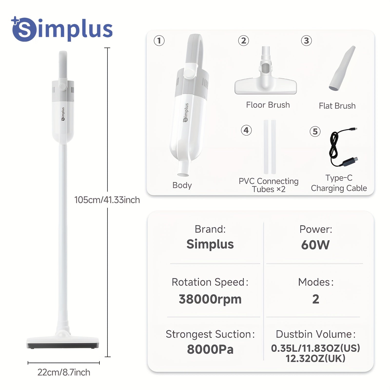 Simplus Cordless Vacuum Cleaner, Car Vacuum, Wireless Home Vacuum, Lightweight Portable, Long Battery Life, 2 Modes, Type-C Rechargeable, 3-Layer High-Efficiency Filtration, Low Noise, Anti-Hair Wrap