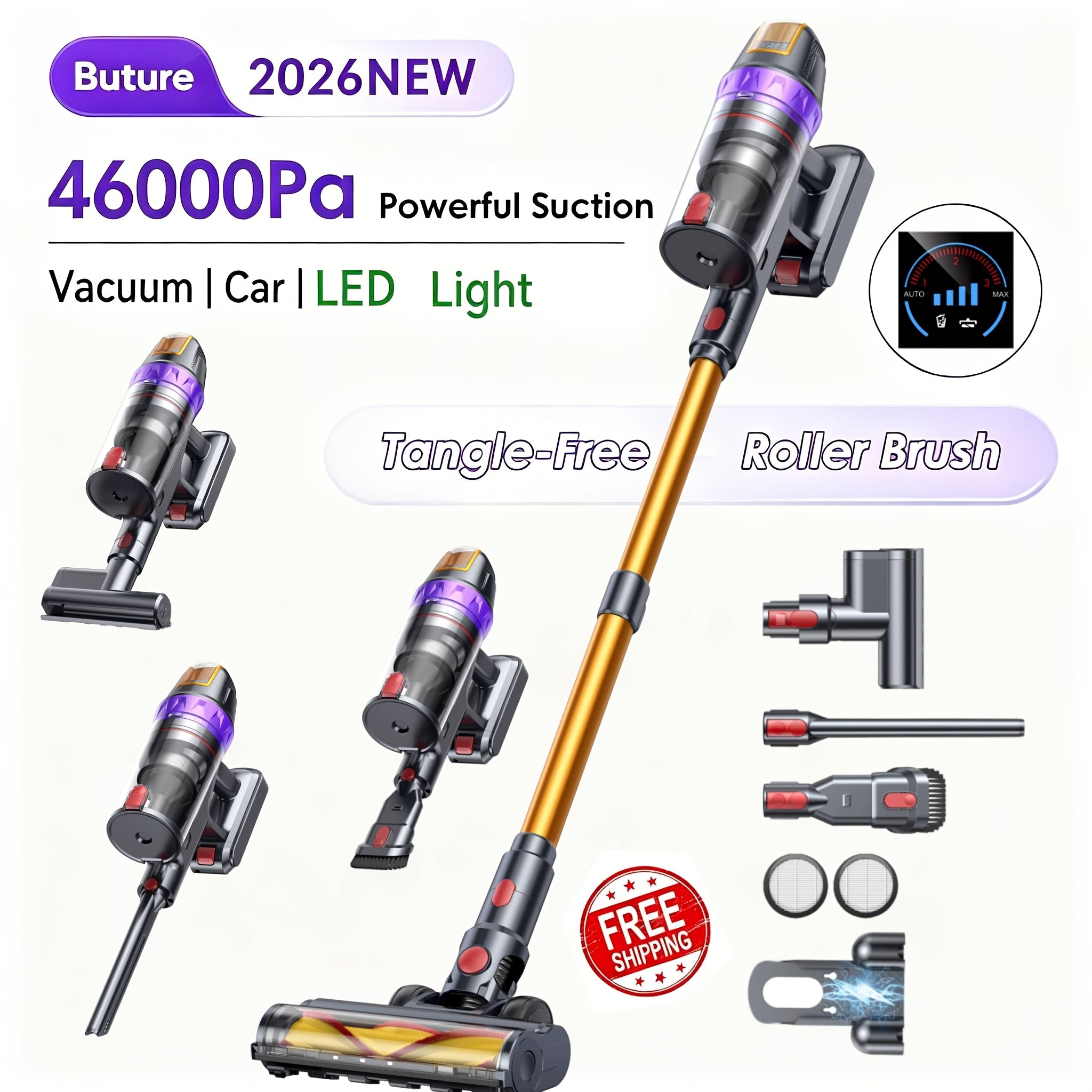 BUTURE VC90 Cordless Stick Vacuum Cleaner with Touch Screen & Hurricane Mode, Upgraded 46KPA Powerful Suction, Self-Standing Cordless Vacuum Suitable for Home, Pet Hair, Carpets, Anti-Tangle System, 50.72oz Dust Cup, Low Sweeper for Plug