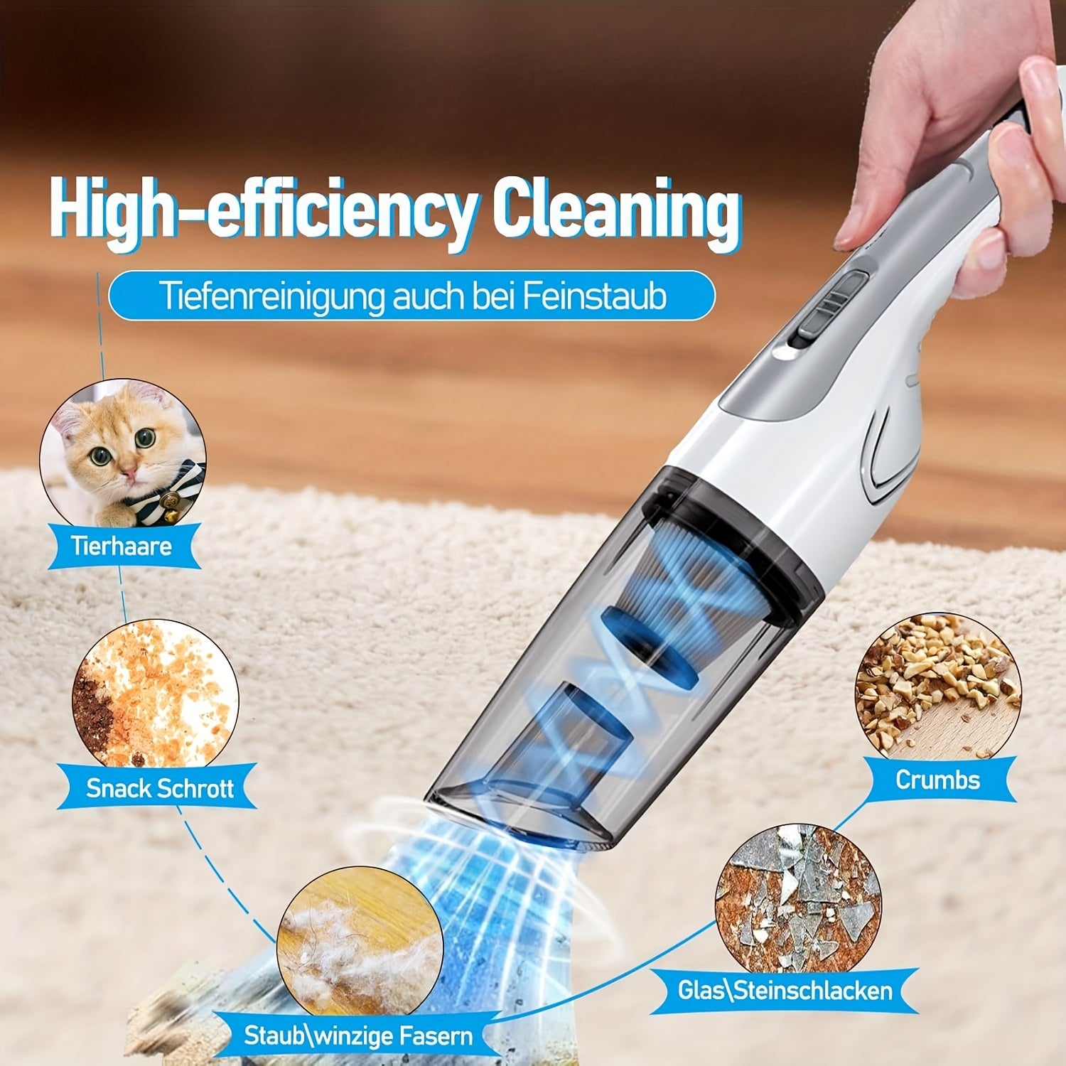 3-In-1 Handheld Cordless Vacuum Cleaner, Upgraded Powerful Brushless Motor, Mini Portable Vacuum, Lightweight Handheld Vacuum, with Additions, Suitable for Home And Car Use, Wet And Dry Use