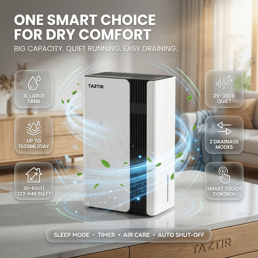 101.44oz Capacity Large Tank Dehumidifier for Home, Up to 50.72oz\u002FDay, Quiet 29-38Db for Bedroom Basement Bathroom RV Living Room, 2 Drainage Modes, Sleep Mode, 12H\u002F24H\u002F48H Timer, Smart Touch Control, Compact Size