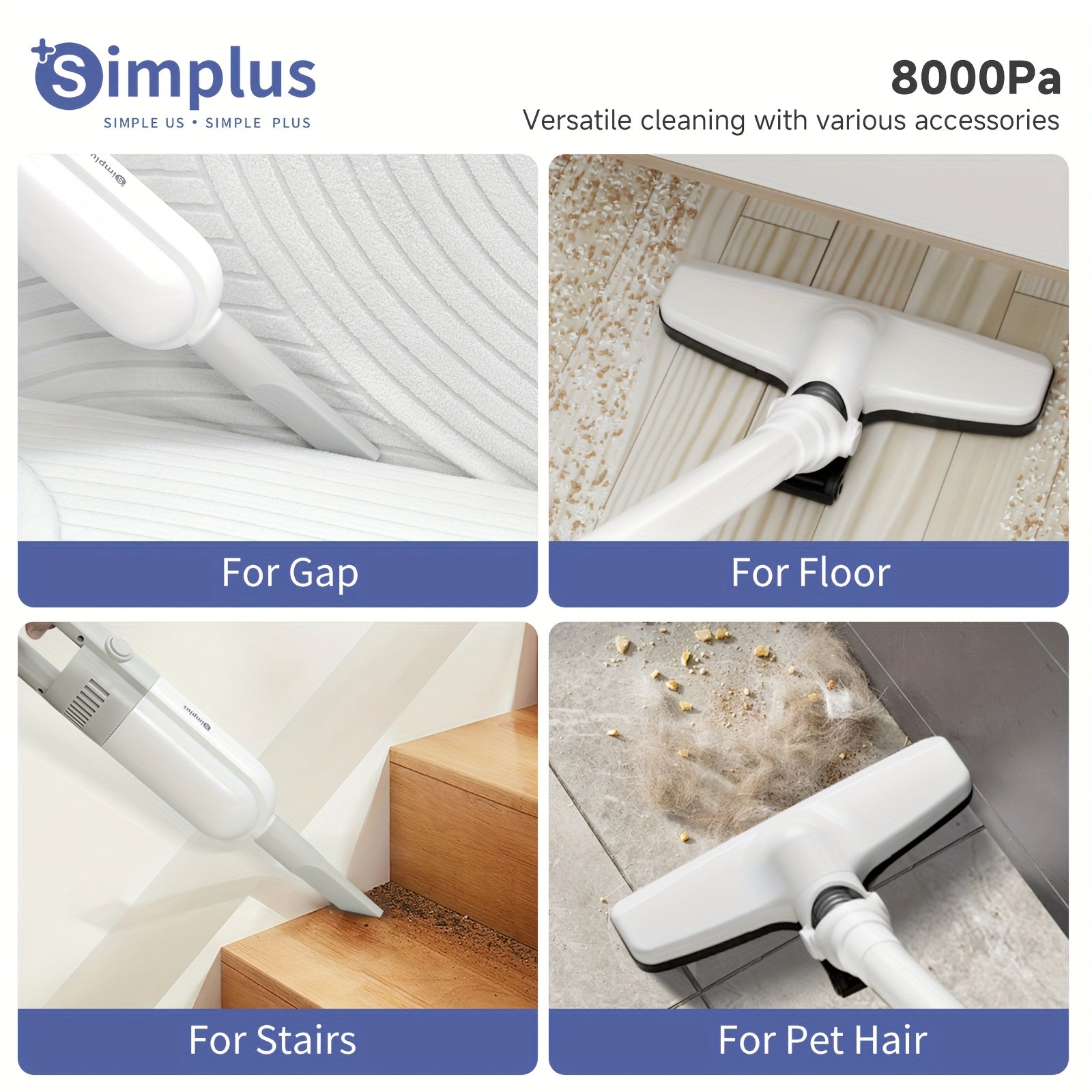 Simplus Cordless Vacuum Cleaner, Car Vacuum, Wireless Home Vacuum, Lightweight Portable, Long Battery Life, 2 Modes, Type-C Rechargeable, 3-Layer High-Efficiency Filtration, Low Noise, Anti-Hair Wrap