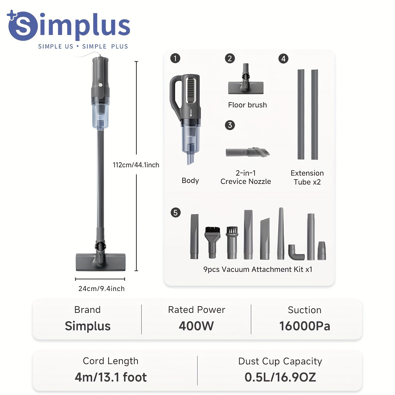 Simplus Vacuum Cleaner - Upright Lock, 16KPA Strong Suction Power, 157.48inch Corded, High-Performance Cleaning for Your Home. Ideal for Effortless and Efficient Cleaning, Ensures a Spotless Home Every Time